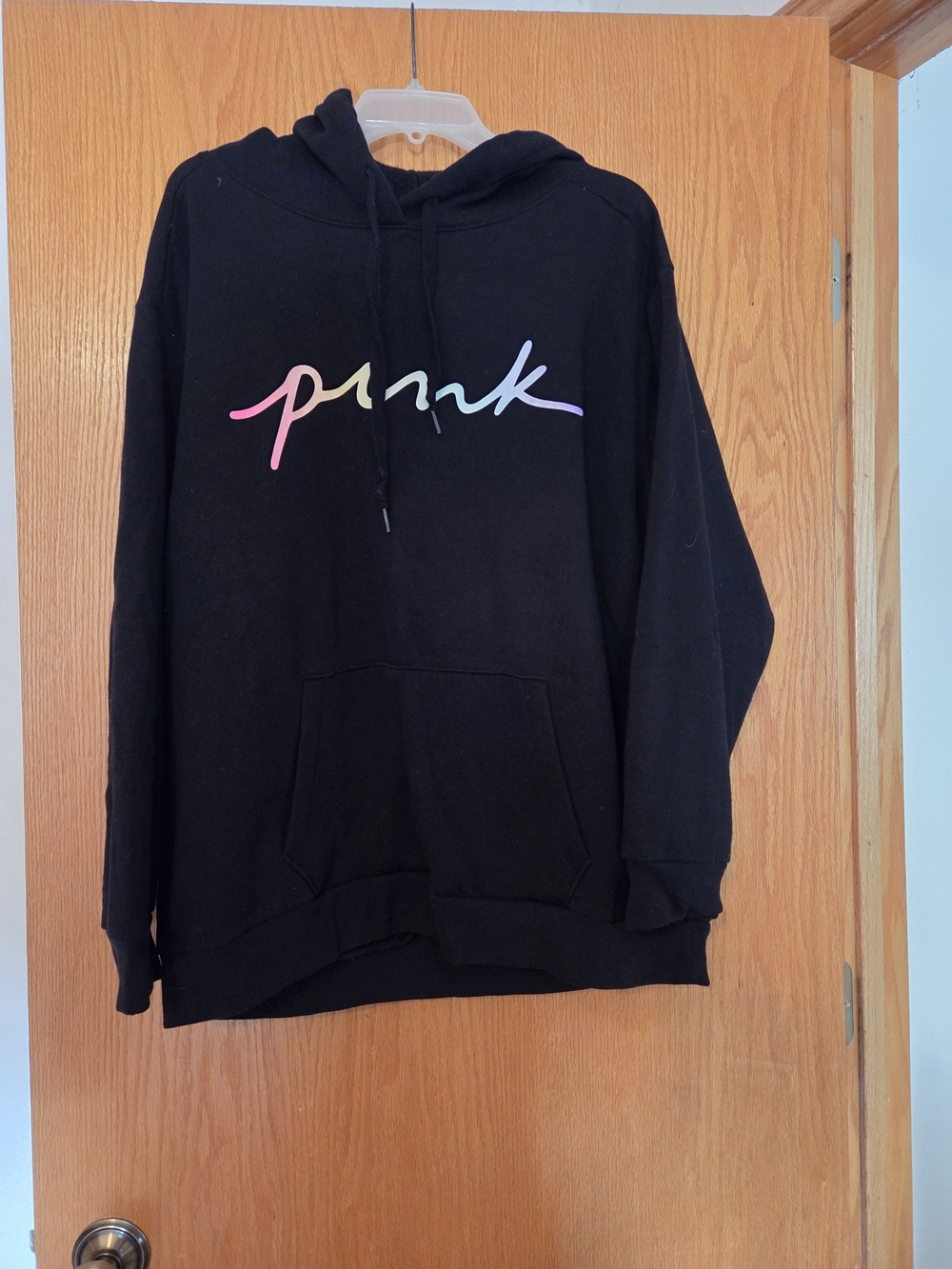 PINK Victoria's Secret Black Hoodie with Pastel Rainbow Script